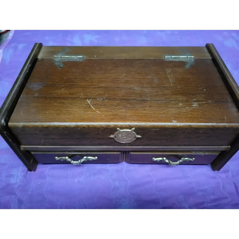 VTG Wood Jewelry Box Chest Brass Velvet Interior Valet Men MCM Anchors
